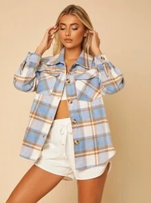 SHEIN PETITE 格紋印花翻蓋口袋外套 - 彩色 - 查看 3