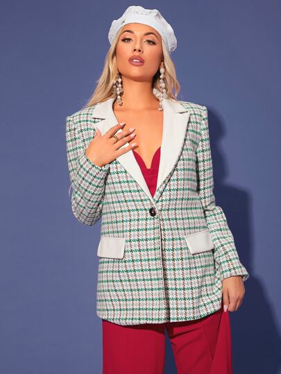 SHEIN Essnce Abrigo de tweed con cuello a contraste y estampado de cuadros para otoño/invierno