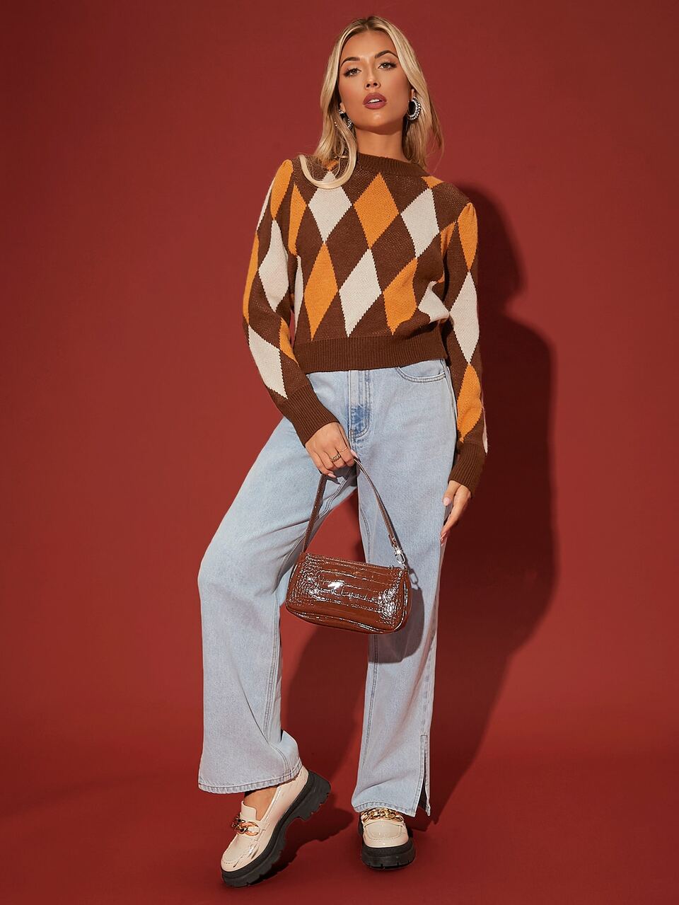 Argyle Pattern Stand Collar Sweater