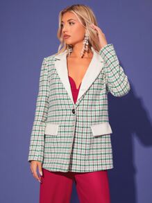 SHEIN Essnce Plaid Print Contrast Collar Tweed Overcoat In Fall/Winter - Multicolor - View 3