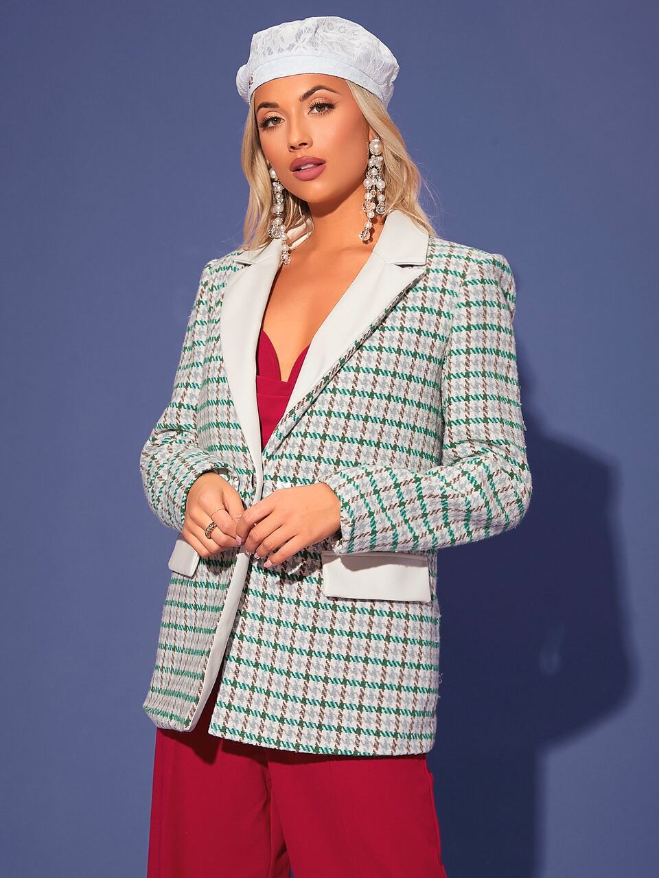 Plaid Print Contrast Collar Tweed Overcoat In Fall/Winter