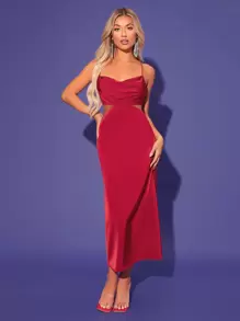 SHEIN Đầm Lộ Lưng Hội Chữ thập Cắt ra Dây kéo màu trơn Gợi cảm - Màu Đỏ Sâu - Xem 1