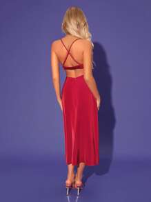 SHEIN Đầm Lộ Lưng Hội Chữ thập Cắt ra Dây kéo màu trơn Gợi cảm - Màu Đỏ Sâu - Xem 2