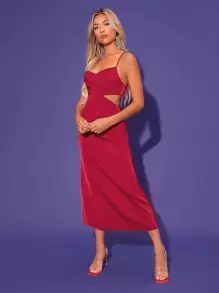 SHEIN Đầm Lộ Lưng Hội Chữ thập Cắt ra Dây kéo màu trơn Gợi cảm - Màu Đỏ Sâu - Xem 3