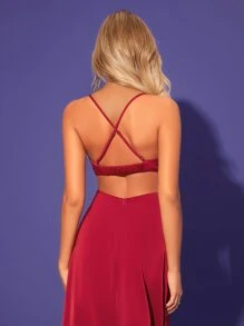 SHEIN Đầm Lộ Lưng Hội Chữ thập Cắt ra Dây kéo màu trơn Gợi cảm - Màu Đỏ Sâu - Xem 5