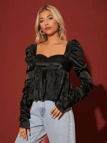 SHEIN Áo sơ mi nữ Viên lá sen màu trơn Giải trí - màu đen - Xem 1