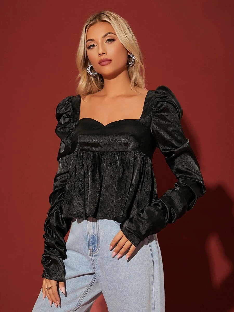 SHEIN Áo sơ mi nữ Viên lá sen màu trơn Giải trí - màu đen - Xem 1