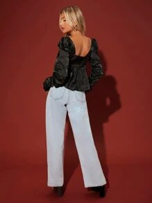 SHEIN Áo sơ mi nữ Viên lá sen màu trơn Giải trí - màu đen - Xem 2