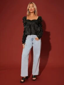 SHEIN Áo sơ mi nữ Viên lá sen màu trơn Giải trí - màu đen - Xem 3