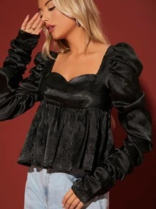 SHEIN Áo sơ mi nữ Viên lá sen màu trơn Giải trí - màu đen - Xem 4