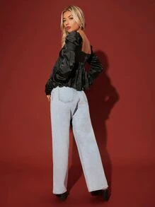 SHEIN Áo sơ mi nữ Viên lá sen màu trơn Giải trí - màu đen - Xem 5