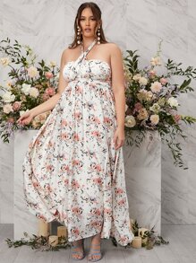 SHEIN Belle 大碼印花後背繫帶伴娘連衣裙 - 彩色 - 查看 1