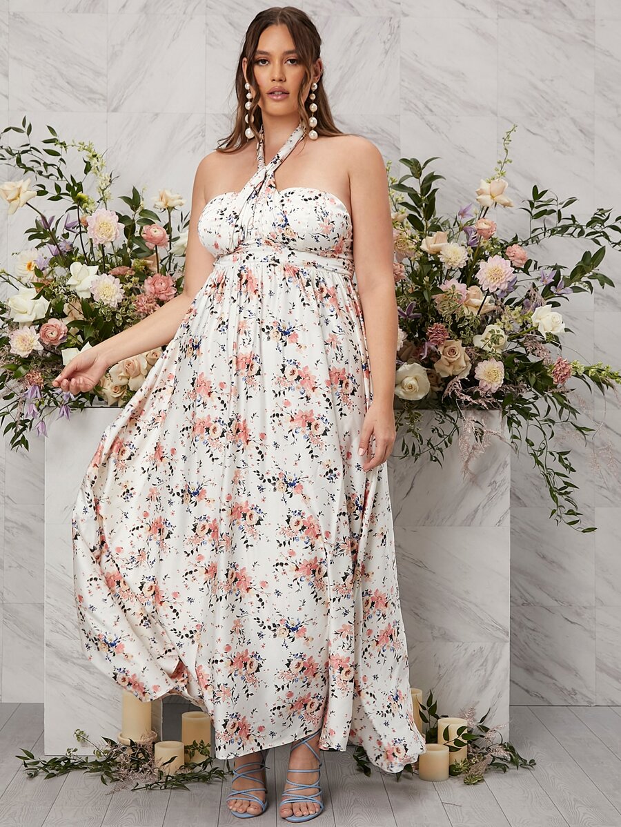 SHEIN Belle 大碼印花後背繫帶伴娘連衣裙 - 彩色 - 查看 1