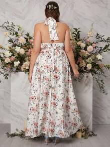 SHEIN Belle 大碼印花後背繫帶伴娘連衣裙 - 彩色 - 查看 2