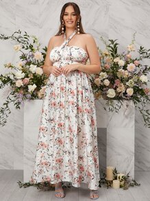 SHEIN Belle 大碼印花後背繫帶伴娘連衣裙 - 彩色 - 查看 3