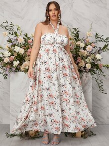 SHEIN Belle 大碼印花後背繫帶伴娘連衣裙 - 彩色 - 查看 4