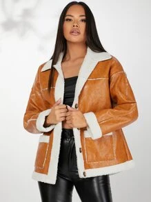 SHEIN BAE Áo khoác nữ Nút phía trước Khối Màu Giải trí - gừng - Xem 3