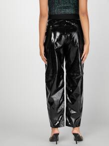 SHEIN BAE Faux Patent Seam Front Trousers - Black - View 3