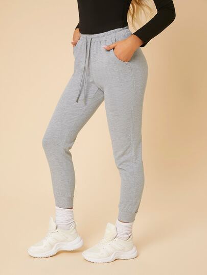 SHEIN PETITE Pantalones de chándal con cintura de cordón sólido, para mujeres de talla pequeña