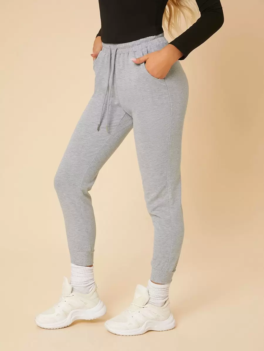 SHEIN PETITE Solid Drawstring Waist Sweatpants - Light Grey - View 1