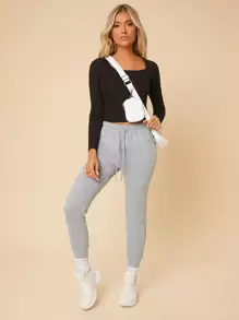 SHEIN PETITE Solid Drawstring Waist Sweatpants - Light Grey - View 3