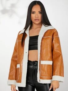 SHEIN BAE Áo khoác nữ Nút phía trước Khối Màu Giải trí - gừng - Xem 5