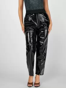 SHEIN BAE Faux Patent Seam Front Trousers - Black - View 4