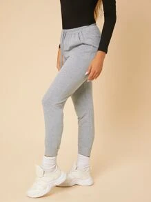 SHEIN PETITE Solid Drawstring Waist Sweatpants - Light Grey - View 5