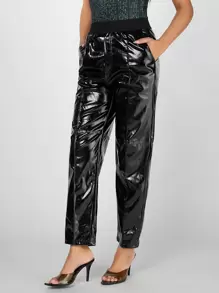 SHEIN BAE Faux Patent Seam Front Trousers - Black - View 5