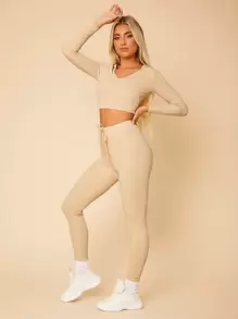 SHEIN PETITE Crop Ribbed Knit Tee & Tie Front Leggings - Apricot - View 1