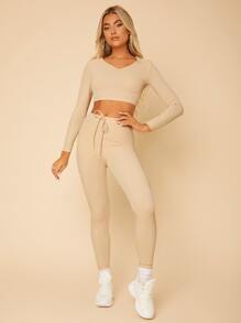 SHEIN PETITE Crop Ribbed Knit Tee & Tie Front Leggings - Apricot - View 3