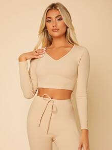 SHEIN PETITE Crop Ribbed Knit Tee & Tie Front Leggings - Apricot - View 4