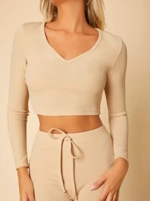 SHEIN PETITE Crop Ribbed Knit Tee & Tie Front Leggings - Apricot - View 5