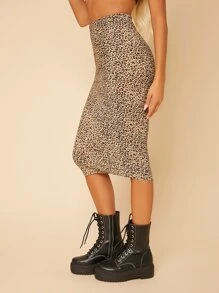 SHEIN PETITE High Waist Leopard Print Pencil Skirt - Multicolor - View 5