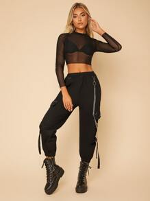 SHEIN PETITE Stand Neck Mesh Black Crop Women Top - Black - View 1