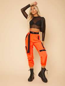 SHEIN PETITE 熒光橙搭扣腰帶中長工裝褲 - 橘色 - 查看 3