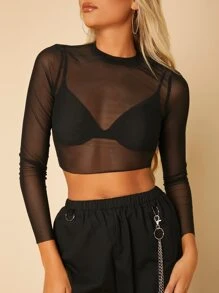 SHEIN PETITE Stand Neck Mesh Black Crop Women Top - Black - View 5