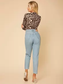 SHEIN PETITE Mock Neck Leopard Print Slim Going Out Tee - Multicolor - View 2