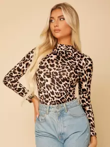SHEIN PETITE Mock Neck Leopard Print Slim Going Out Tee - Multicolor - View 4