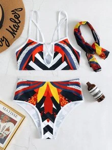 3 件装拼色镂空比基尼，配围巾，适合夏季海滩度假 - 彩色 - 查看 4