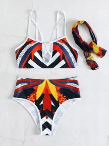 3 件装拼色镂空比基尼，配围巾，适合夏季海滩度假 - 彩色 - 查看 3