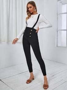 SHEIN Maternity Button Detail Suspender Trousers Without Top - Black - View 4