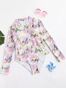 女孩熱帶圖案前拉鏈連體泳衣 - 彩色 - 查看 1