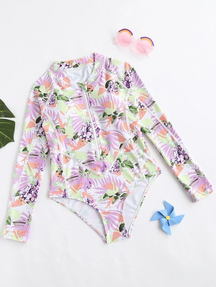 Girls Tropical Print Zip Front One Piece Swimsuit