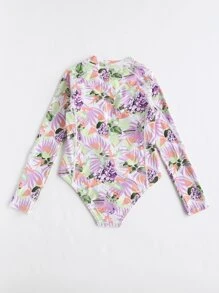 女孩熱帶圖案前拉鏈連體泳衣 - 彩色 - 查看 2