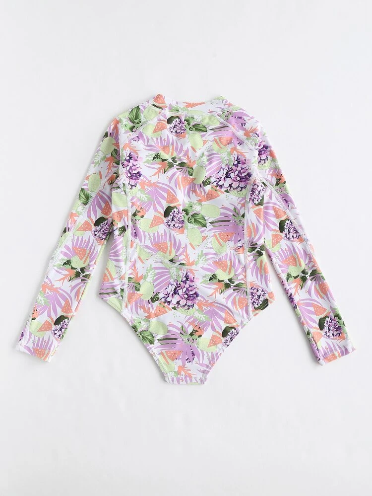 Girls Tropical Print Zip Front One Piece Swimsuit