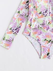女孩熱帶圖案前拉鏈連體泳衣 - 彩色 - 查看 3