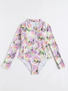 女孩熱帶圖案前拉鏈連體泳衣 - 彩色 - 查看 4