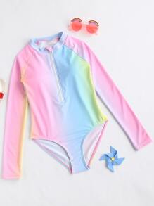 Traje De Baño De Una Pieza Con Cremallera Frontal Degradado Para Niñas Preadolescentes