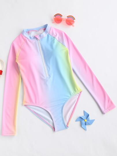 Traje De Baño De Una Pieza Con Cremallera Frontal Degradado Para Niñas Preadolescentes